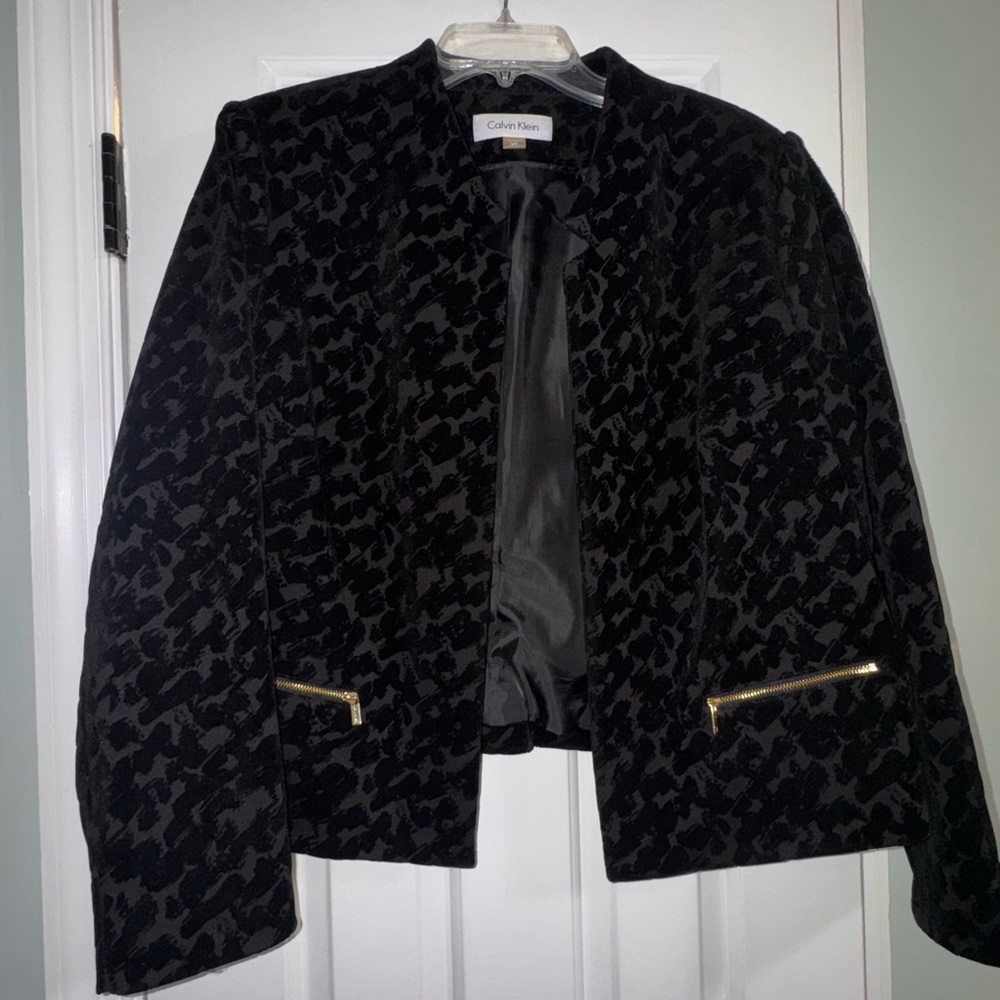 Calvin Klein Black Velvet Textured Blazer with Gold Zippers
